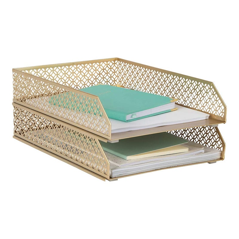 BLU MONACO | Paper Tray Stackable Gold Set of 2 | Stackable File Trays for Desk Organization | Tiered Desk Organizer with Metal Letter Trays - Image 1